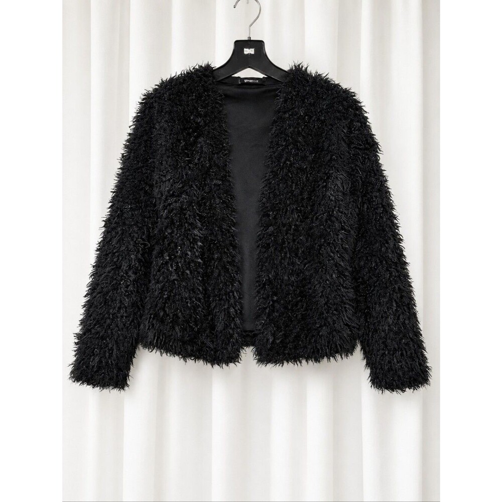 Gina Tricot Black Shaggy Faux Fur Cropped Open Front Soft Plush Cardigan Jacket